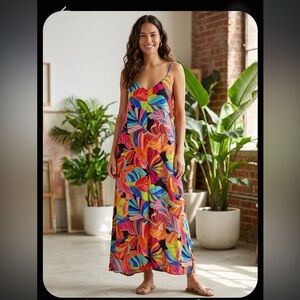 Vince Camuto Bright Multicolor Tropical Print Dress - Pink, Blue, Yellow